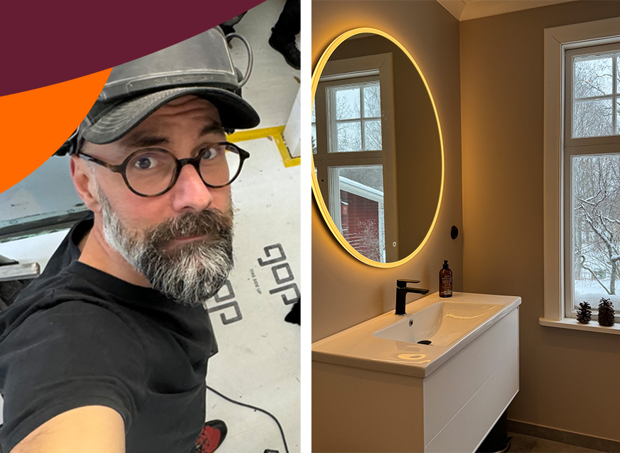 Verkstad med person i svart vid bil, beige badrum med vit kommod och upplyst rund spegel