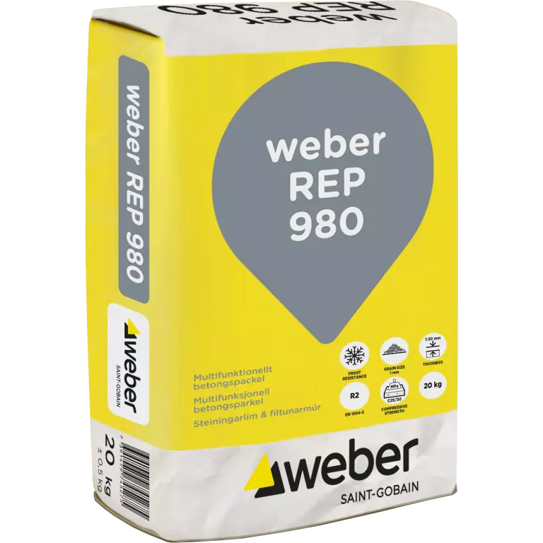 Gulvit påse med Weber REP 980 i grå droppform, 20 kg betongspackel från Saint-Gobain