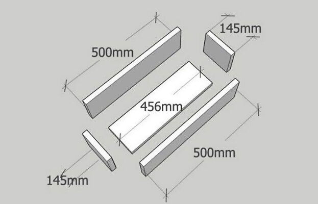 Isometrisk vy med fem vita plankor mot grå bakgrund, märkta 500 mm, 456 mm, 145 mm.
