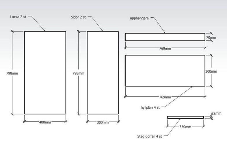 Svartvit teknisk ritning av skåpsdelar: luckor, sidor, hyllplan, upphängare med mått