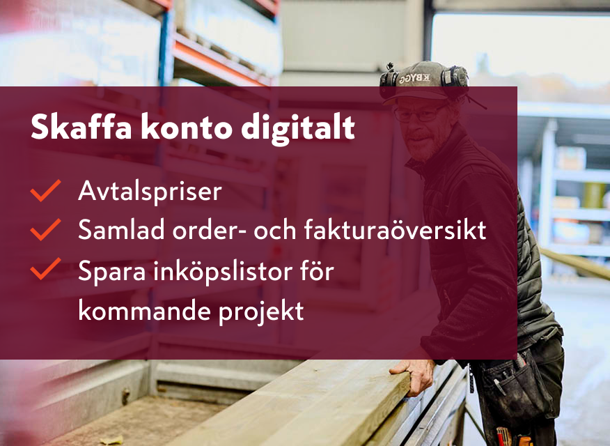 En informationsruta med texten “Skaffa konto digitalt ” och tre punkter ligger över en suddig verkstadsmiljö där en person arbetar vid en bänk.