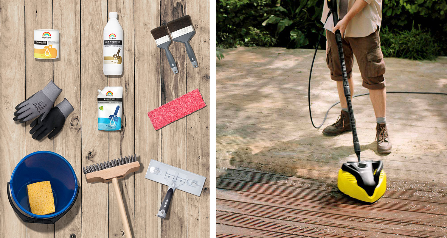 Penslar, färg, hink och handskar på trägolv intill person som rengör trädäck med gul högtryckstvätt