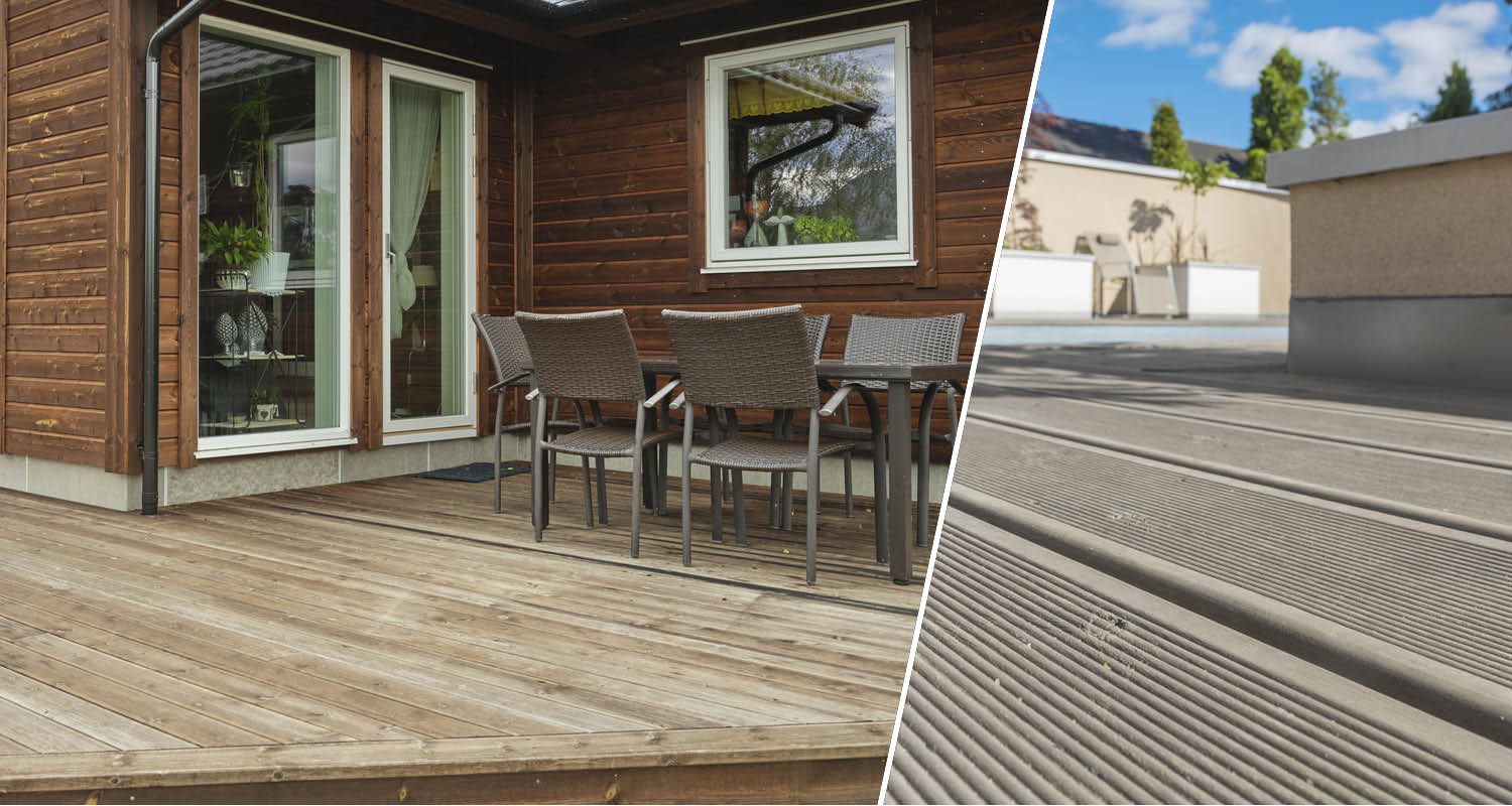 Uteplats med mörk träfasad, ljust trädäck, bord och rottingstolar bredvid grå ribbade komposittrall.