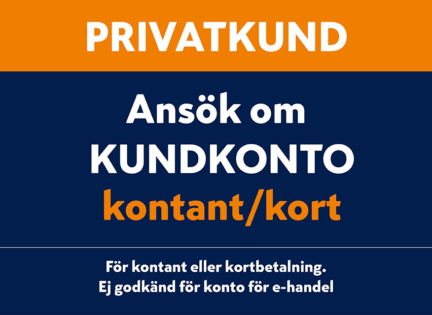 Banner med orange och mörkblå bakgrund: Privatkund – Ansök om kundkonto kontant/kort