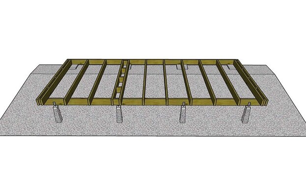 Digitalt snitt av grönbrunt träbjälklag på betongfundament över grusgrund.