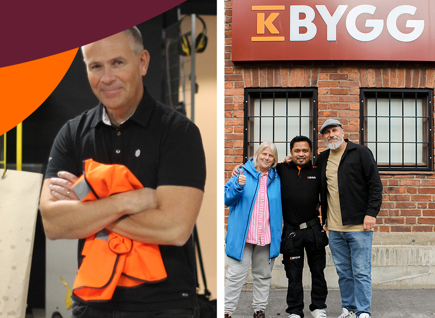 Man i svart piké håller orange väst. Tre personer framför röd tegelbyggnad med vit “K BYGG”-skylt.