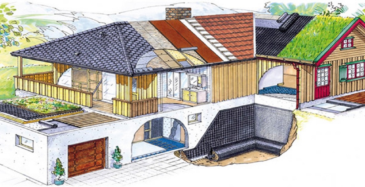 Hus i genomskärning med svart sadeltak, röda tegelpannor, grönt sedumtak och källardränering