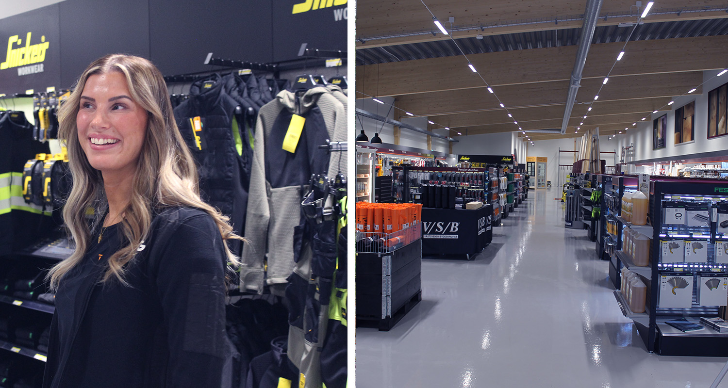 Butiksinteriör med kvinna i svart framför svartgula arbetskläder och lång gång med verktygshyllor