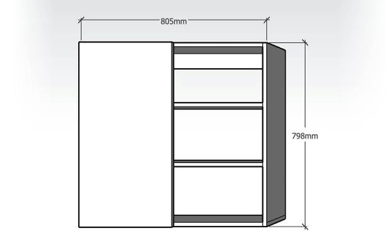 Svartvit skiss av skåp med ena dörren stängd, tre hyllor till höger, mått 805×798 mm.