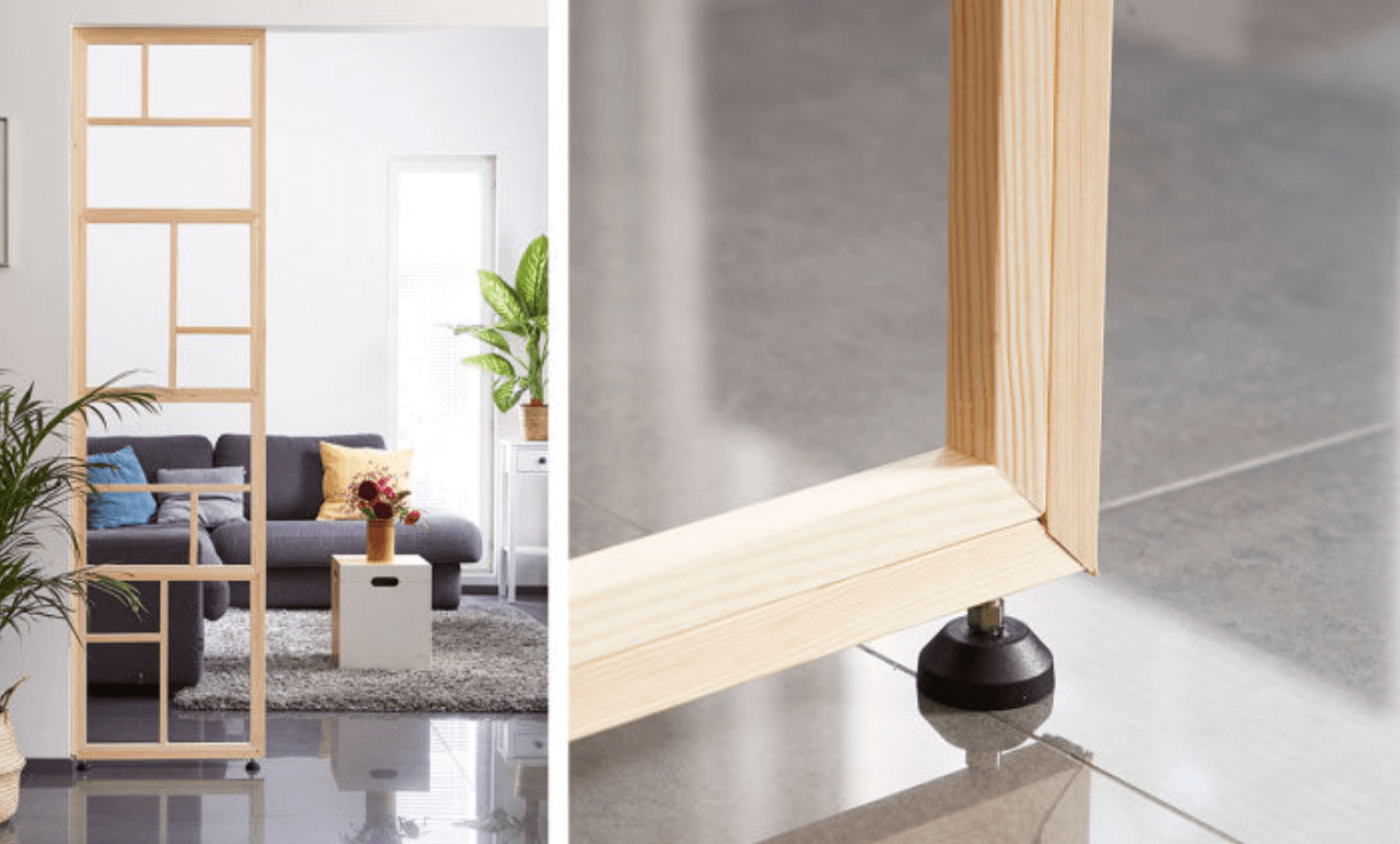 Ljus furuavdelare med öppna fack på fötter framför grå soffa i ljust vardagsrum