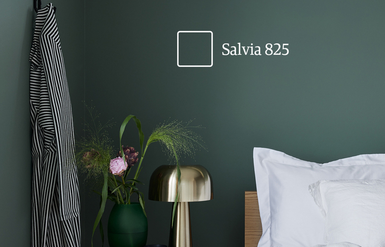 Mörk salviagrön vägg med texten “Salvia 825”, randig morgonrock, grön vas med blommor och mässingslampa.