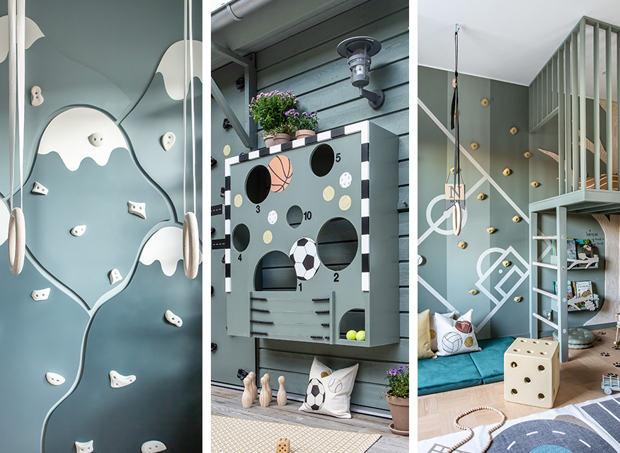 Barnlekrum med dovt gröngrå klättervägg, ringar, sportspel med cirklar utomhus och loft.