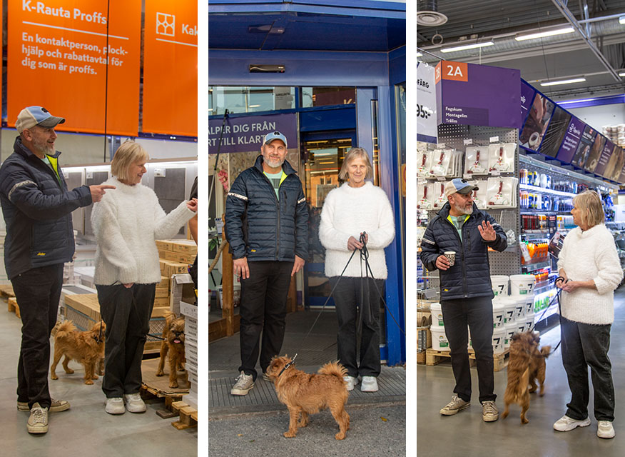Man i svart jacka och kvinna i vit tröja med brun hund i järnhandel med orange och blå skyltar