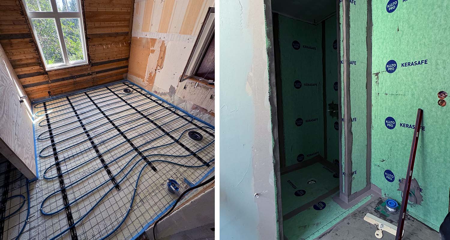 Oskar Snickrar renoverar badrum med K-Bygg. Värmeslingor under golvet, tätskikt på väggarna.