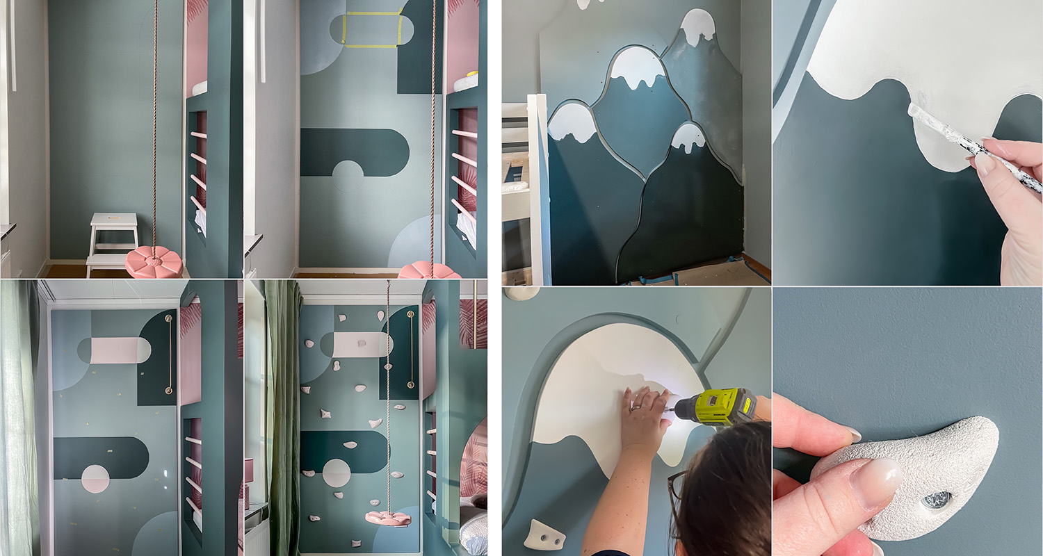 Turkos väggmålning med vita bergstoppar, rosa gunga och vita klättergrepp.