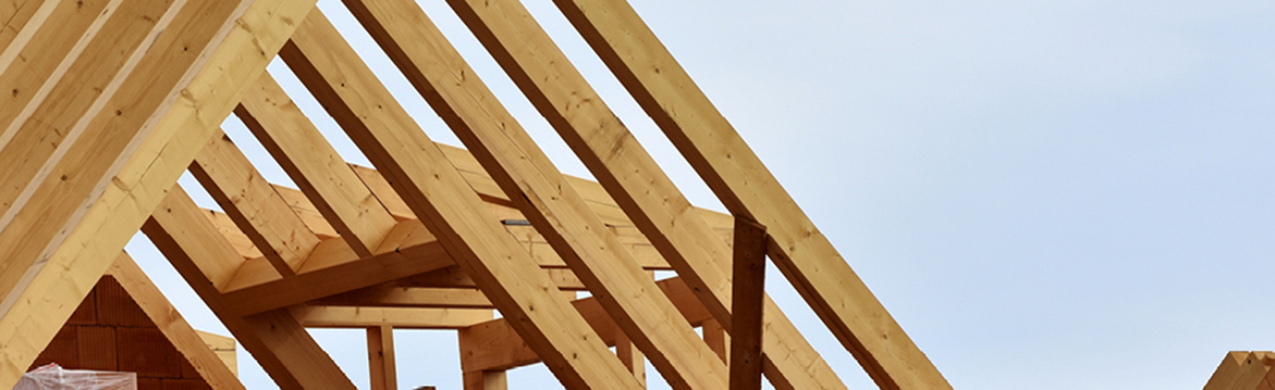 Takstolar i ljust trä under uppförande mot klarblå himmel på byggarbetsplats