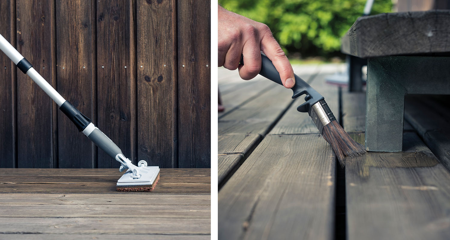 Hand penslar trädäck med mörk bets bredvid långskaftad skurborste på träaltan.