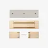 Four wooden pieces and six screws are laid out on a white background, appearing to be parts for assembling a piece of furniture, possibly a bench or table.