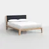 A modern wooden bed frame with angled legs, a dark upholstered headboard, white bedding, and two pillows, set against a plain white background.