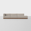 A modern, light beige sectional sofa with three connected seats, including a left-arm corner and a right-arm chaise lounge, all set on a low wooden base against a plain white background.