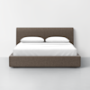 A modern bed with a dark grey upholstered frame and headboard, neatly made with white sheets and two white pillows, set against a plain white wall and light grey floor.