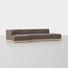 A modern, L-shaped sectional sofa with brown upholstery and a light wooden base, set against a plain white background.