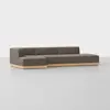 A modern, L-shaped sectional sofa with brown upholstery and a light wooden base, set against a plain white background.