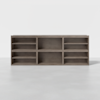 A wooden storage unit with eight open square shelves arranged in two rows of four, standing on a light-colored floor against a plain white background.