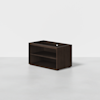 A dark brown wooden open cabinet with two shelves, set against a plain white background on a light-colored floor.