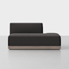 A modern, minimalist black chaise lounge with a low backrest, wide seat, and a light wood base, set against a plain white background.