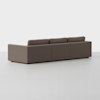 A modern, brown, three-seat sectional sofa with clean lines is shown from the back against a plain white background.