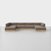A large, modern, U-shaped sectional sofa with brown upholstery and a light wooden base, positioned on a light gray floor against a plain white background.