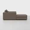 A side view of a modern, brown, upholstered sofa with an attached chaise lounge on the right, set against a plain white background.