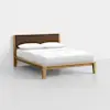 A modern wooden bed frame with a brown upholstered headboard and white linens, including two pillows.
