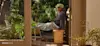 A person in a hoodie, sweatpants, and cap relaxes on a wooden bench on a sunlit deck surrounded by lush green plants, viewed through an open doorway.
