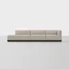 A modern, minimalist sectional sofa with three beige fabric seats, including a left chaise and a right armrest, set against a plain white background.