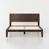 A dark brown wooden bed frame with a tall rectangular headboard and slatted base, standing on four legs, against a plain white background.