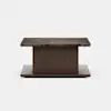 A modern rectangular coffee table with a dark marble top, wooden central support, and a flat wooden base, set against a plain white background.