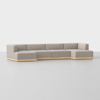 A modern, light gray sectional sofa with wooden base, clean lines, and minimalist design, set against a plain white background.