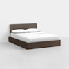 A modern platform bed with a dark wooden frame, an upholstered gray headboard, and white bedding with two pillows, set against a plain white background.