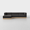 A modern, L-shaped sectional sofa with dark gray upholstery and a light wooden base, set against a plain white background on a light gray floor.