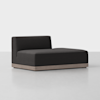 A modern, minimalist black chaise lounge with a low wooden base and a single backrest on the left side, set against a plain white background.
