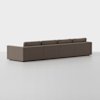 A long, modern brown sectional sofa with clean lines and low backrests is positioned against a plain light gray background, angled to show the back and one end of the sofa.