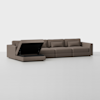 A modern brown sectional sofa with three seats and a chaise lounge. The chaise is open, revealing a hidden storage compartment inside. The background is plain and white.