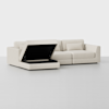 A modern L-shaped beige sectional sofa with one seat lifted to reveal a hidden storage compartment underneath. The sofa is set against a plain, light-colored background.