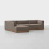 A modern sectional sofa with brown upholstered cushions and a wooden base, arranged in an L-shape, set against a plain white background.