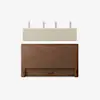 A minimalist headboard set includes a rectangular wooden panel below and a cushioned beige fabric backrest above, both against a plain white background. Four metal mounting brackets are visible above the cushion.