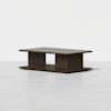 A modern, rectangular dark wood coffee table with a flat top and a lower shelf, featuring two vertical panels as supports. The table is set against a plain, light background.