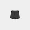 Black shorts displayed flat on a light grey background, shown from the back with two rear pockets and an elastic waistband.