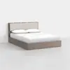 A modern bed with a wooden frame, light beige upholstered headboard, and neatly made white bedding, positioned in a minimalist, white room.